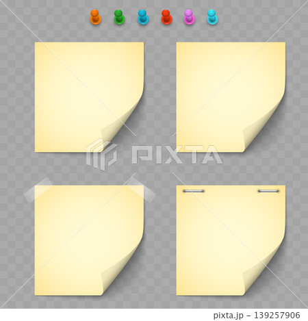 Realistic Yellow Sticky Note Mockup Set. Vector Blank Memo Paper with Curled Corners, Push Pins, Tape and Staples. Realistic Yellow Sticky Note Mockup Set. Vector Blank Memo Paper with Curled Corners, Push Pins, Tape and Staples. 139257906