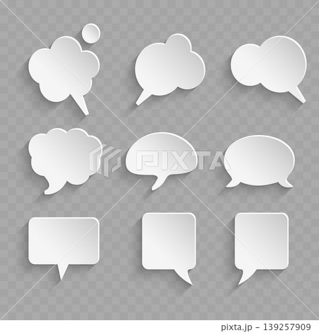 Realistic 3D Paper Cut Speech Bubble Set. Vector Blank White Chat Balloons and Thought Clouds with Shadow. Realistic 3D Paper Cut Speech Bubble Set. Vector Blank White Chat Balloons and Thought Clouds with Shadow. 139257909