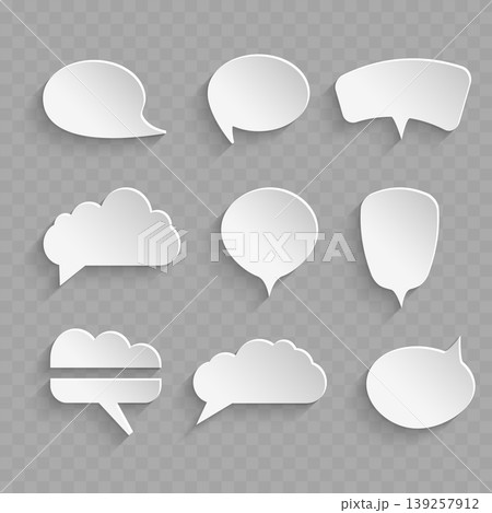 Realistic 3D Paper Cut Speech Bubble Set. Vector Blank White Chat Balloons and Thought Clouds with Shadow. 139257912