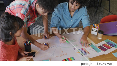 Collaborating colleagues drawing mind map at table in coworking space, with markers, color swatches Collaborating colleagues drawing mind map at table in coworking space, with markers, color swatches 139257961