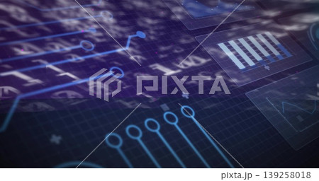 Displaying interface overlay in dashboard, with grid and circuit nodes, translucent panels Displaying interface overlay in dashboard, with grid and circuit nodes, translucent panels 139258018