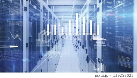 Highlighting data center aisle featuring server racks, raised floor tiles and analytics overlays Highlighting data center aisle featuring server racks, raised floor tiles and analytics overlays 139258023