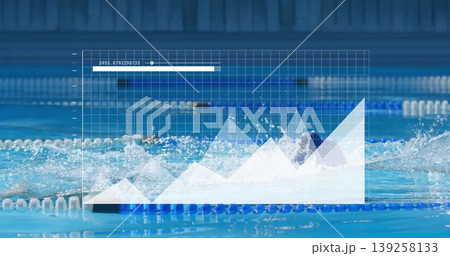 Cutting through ropes swimmer propelling forward in competition pool with swim cap goggles overlay Cutting through ropes swimmer propelling forward in competition pool with swim cap goggles overlay 139258133