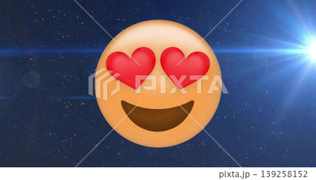 Floating 3D heart-eyes emoji drifting across dark cosmic starfield, with lens flare effects 139258152