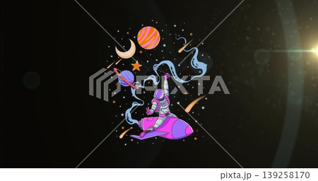 Riding astronaut wearing spacesuit traversing deep space with cartoon rocket and stylized planets Riding astronaut wearing spacesuit traversing deep space with cartoon rocket and stylized planets 139258170
