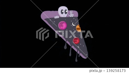 Showing pizza slice glowing with starry core on black, purple rim dripping sauce, peace-sign alien 139258173