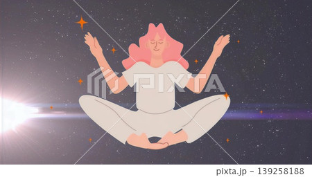 Levitating stylized female figure practicing meditation in cosmic starfield, with orange sparkles Levitating stylized female figure practicing meditation in cosmic starfield, with orange sparkles 139258188
