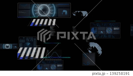 Floating cluster projecting data panels on dark digital dashboard, with HUD dial and pie chart Floating cluster projecting data panels on dark digital dashboard, with HUD dial and pie chart 139258191