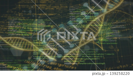 Glowing 3D DNA helix unfolding across virtual interface, with code, math symbols, grid lines 139258220