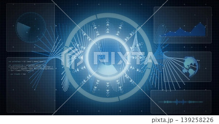 Displaying glowing circular data visualization chart on grid interface, with code snippet panel 139258226