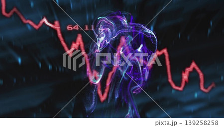 Glowing purple skull floating in data void, showing red graph at 64 139258258