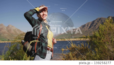 Gazing female hiker shading eyes while surveying mountain valley lake, with backpack metal bottle Gazing female hiker shading eyes while surveying mountain valley lake, with backpack metal bottle 139258277
