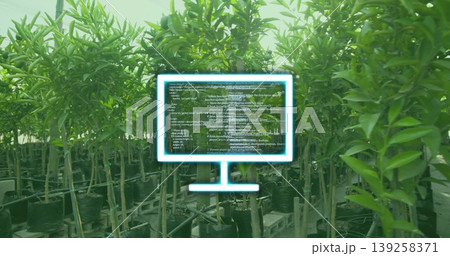 Hovering neon monitor graphic displaying code above greenhouse sapling rows, with irrigation tubes 139258371