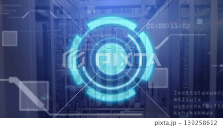 Displaying translucent blue circular HUD interface hovering in data center, server racks and cables 139258612