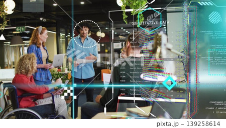 Presenting man wearing shirt holding document in office with tablet, wheelchair and AR overlay Presenting man wearing shirt holding document in office with tablet, wheelchair and AR overlay 139258614