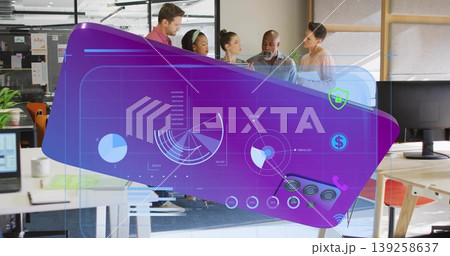 Five team members analyzing purple dashboard in glass-partitioned conference area, with chart icons Five team members analyzing purple dashboard in glass-partitioned conference area, with chart icons 139258637
