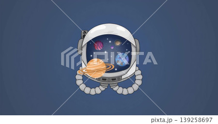 Floating astronaut helmet showing planets, moon, stars and hoses on deep blue backdrop Floating astronaut helmet showing planets, moon, stars and hoses on deep blue backdrop 139258697