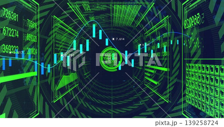 Numeric hologram projecting candlestick chart and line graph in VR tunnel, with wireframe panels 139258724