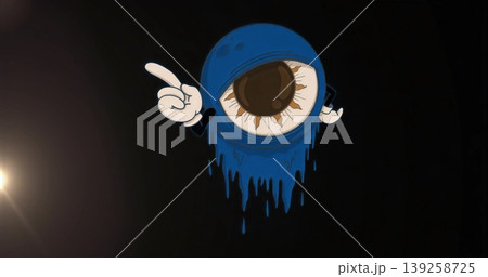 Floating blue orb featuring large eye and pointing white gloves in dark space, with light flare 139258725