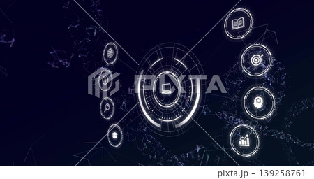 Displaying central computer icon in circular UI on dark interface, with glowing column icons, lines Displaying central computer icon in circular UI on dark interface, with glowing column icons, lines 139258761