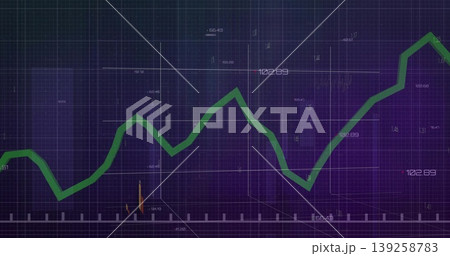 Displaying green line chart tracing fluctuations on market graph with numeric labels and 3D axes 139258783