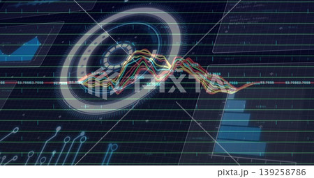 Displaying circular holographic display intersecting color waveform graph in HUD, with data labels 139258786