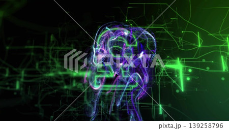 Pulsing brain-like cluster of purple-green streams in cyberspace, with circuit grid mesh and nodes Pulsing brain-like cluster of purple-green streams in cyberspace, with circuit grid mesh and nodes 139258796