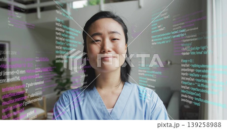 Standing Korean woman wearing medical scrubs in modern living room, with projected code overlays Standing Korean woman wearing medical scrubs in modern living room, with projected code overlays 139258988