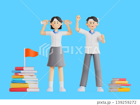 Two students stand with excitement, one holding a rolled document and the other raising a fist. They are surrounded by stacks of books and a small flag. The scene shows a bright blue background. 139259272