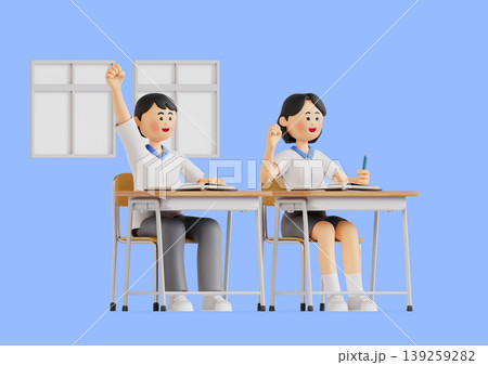 Two students sit at desks in a classroom. One student raises a hand to answer, while the other writes notes. The setting shows a blue background and window. Two students sit at desks in a classroom. One student raises a hand to answer, while the other writes notes. The setting shows a blue background and window. 139259282
