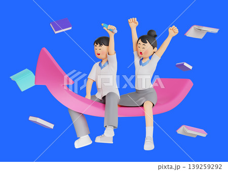 Two kids cheer with joy while seated on a big arrow. They hold items in their hands. Books are scattered in the background. The scene shows excitement and fun in a playful setting. 139259292