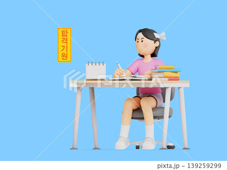 A person sits at a desk with a notebook and a pencil. Books are stacked to one side, and a calendar sits next to the notebook. The setting has a plain blue background. A person sits at a desk with a notebook and a pencil. Books are stacked to one side, and a calendar sits next to the notebook. The setting has a plain blue background. 139259299