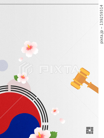 A South Korean flag is shown with a gavel nearby. The background includes flowers. This scene reflects themes of law, culture, and national identity in South Korea. 139259314