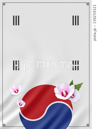 A red and blue circle symbol is featured on a white background. Flowers are placed near the symbol, creating a simple yet striking visual. 139259321
