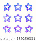 Nine star shapes are laid out in three rows and three columns. Each star has a mix of blue and purple colors. The background is plain and highlights the shapes. 139259331