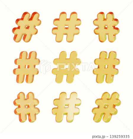 Nine hashtag symbols are placed in a grid format. Each symbol is gold-colored and has a shiny appearance. The symbols are arranged on a plain white background. Nine hashtag symbols are placed in a grid format. Each symbol is gold-colored and has a shiny appearance. The symbols are arranged on a plain white background. 139259335