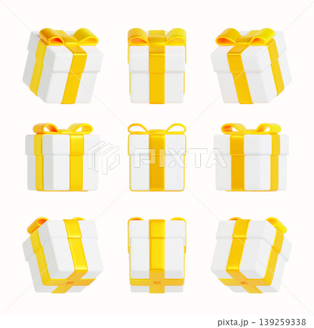 Nine gift boxes are placed in a grid on a white background. Each box is white with a yellow ribbon tied around it. The boxes appear festive and cheerful. 139259338