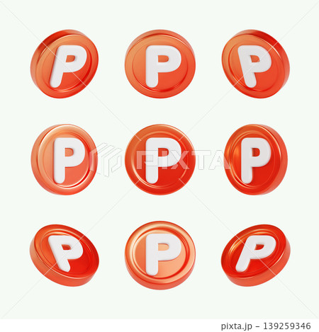 Tokens with a red color and a white letter P are arranged in three rows. The tokens are shiny and stand out on a light background, likely used in a game or event. Tokens with a red color and a white letter P are arranged in three rows. The tokens are shiny and stand out on a light background, likely used in a game or event. 139259346