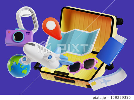 A suitcase is open and shows travel essentials like a globe, a camera, sunglasses, and an airplane figure. The scene looks ready for a fun journey or vacation. 139259350