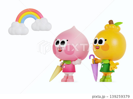 Two cartoon characters stand side by side, each holding an umbrella. A rainbow arches over them, framed by fluffy clouds. They appear happy in this bright scene. Two cartoon characters stand side by side, each holding an umbrella. A rainbow arches over them, framed by fluffy clouds. They appear happy in this bright scene. 139259379