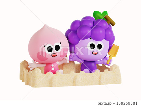 Two cute cartoon characters are sitting together on a sand structure at the beach. One holds an ice cream while they both smile and enjoy their time outdoors. 139259381