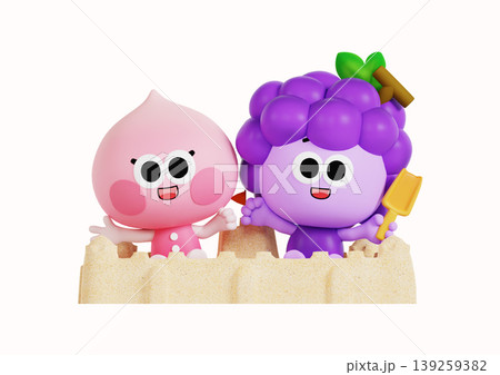 Two animated characters play at the beach building a sandcastle. One character is pink and round, while the other is purple and round. They are smiling and holding tools. Two animated characters play at the beach building a sandcastle. One character is pink and round, while the other is purple and round. They are smiling and holding tools. 139259382