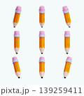 Pencils are lined up in three rows with three in each row. Each pencil has a pink eraser at the top and a pointed tip at the bottom. The background is light in color. 139259411