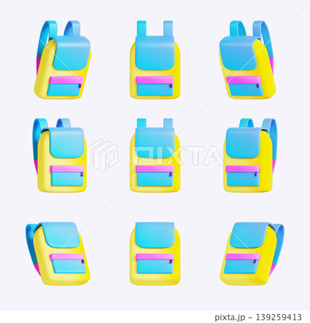 Nine backpacks arranged in a grid show various angles. Each backpack has a yellow body and blue details. The display focuses on the bright colors and styles of the backpacks. 139259413