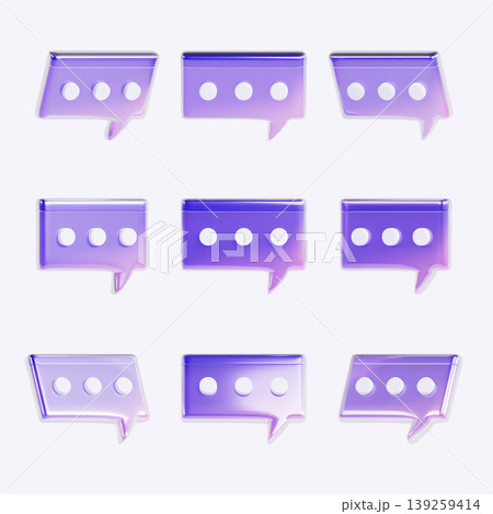 Nine chat bubbles are arranged in a three by three grid. Each bubble shows three dots inside. The colors blend from purple to light purple with a smooth finish. Nine chat bubbles are arranged in a three by three grid. Each bubble shows three dots inside. The colors blend from purple to light purple with a smooth finish. 139259414