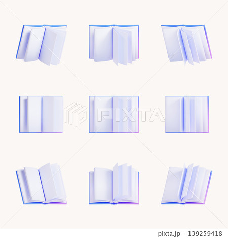 Nine open books are displayed in a grid format. Each book shows different angles and arrangements of empty pages. The background is light and simple, allowing focus on the books. Nine open books are displayed in a grid format. Each book shows different angles and arrangements of empty pages. The background is light and simple, allowing focus on the books. 139259418