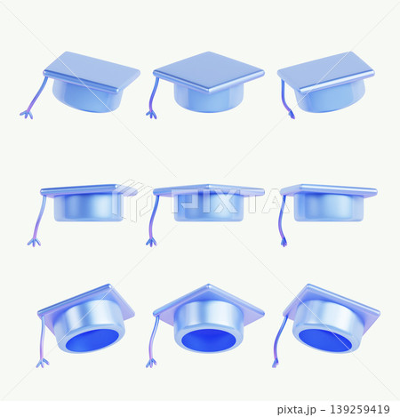 Nine graduation caps in blue color are arranged in a grid pattern on a white background. They represent a celebration of academic achievement for graduates. Nine graduation caps in blue color are arranged in a grid pattern on a white background. They represent a celebration of academic achievement for graduates. 139259419