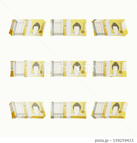 Stacks of five thousand currency notes are laid out in a grid layout. Each note features a figure and has bright yellow and white colors. This arrangement shows multiple stacks of cash. Stacks of five thousand currency notes are laid out in a grid layout. Each note features a figure and has bright yellow and white colors. This arrangement shows multiple stacks of cash. 139259423