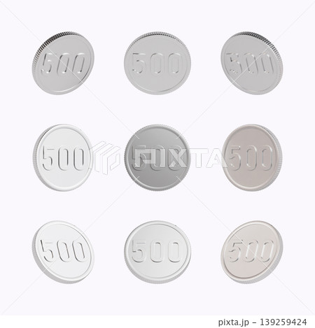 A set of nine coins is displayed in a grid. Each coin has the number 500 on its surface, showing the currency value. The coins are silver and shiny. A set of nine coins is displayed in a grid. Each coin has the number 500 on its surface, showing the currency value. The coins are silver and shiny. 139259424