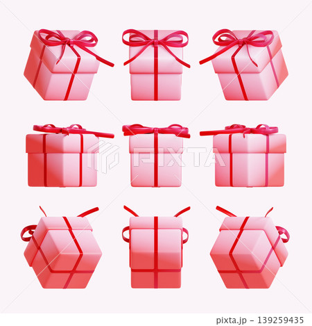 Nine gift boxes in different shapes and sizes are displayed in a grid pattern. The boxes are pink with red ribbons and bows. They are ready for a celebration or special event. Nine gift boxes in different shapes and sizes are displayed in a grid pattern. The boxes are pink with red ribbons and bows. They are ready for a celebration or special event. 139259435